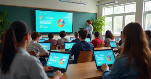 Sala de aula moderna com estudantes usando tablets e laptops para avaliações formativas digitais