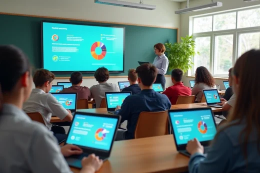 Sala de aula moderna com estudantes usando tablets e laptops para avaliações formativas digitais