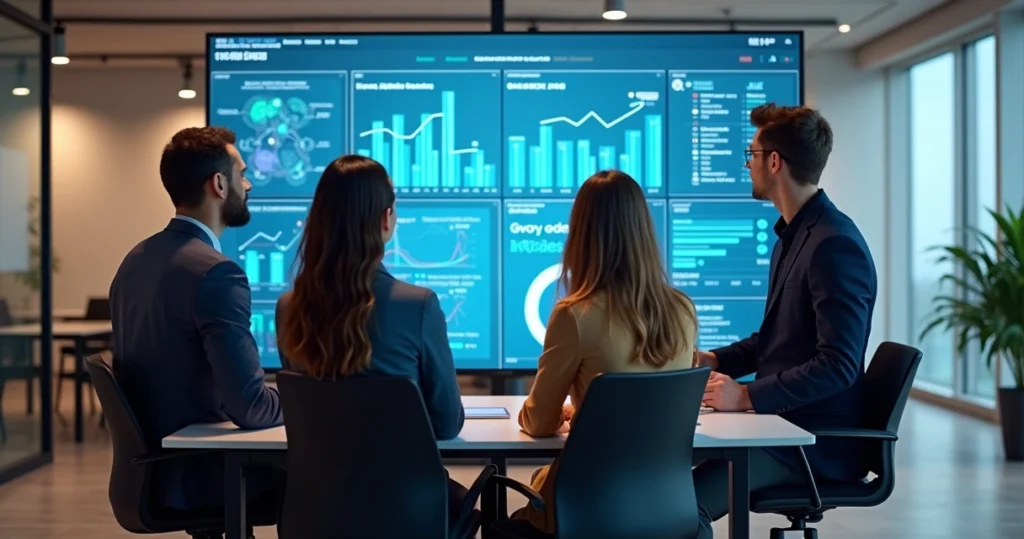 Equipe avaliando dados de prova integrados com inteligência artificial