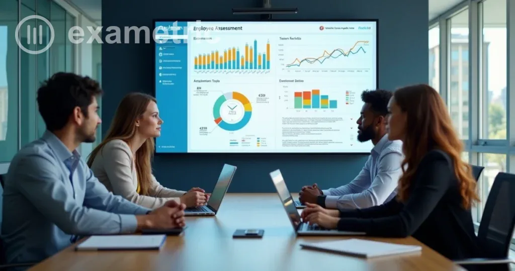 Painel digital mostrando métricas de avaliações em empresa, equipe observando resultados em tela grande 