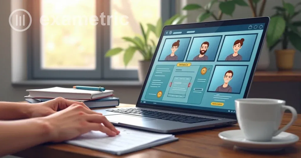 Ilustração que mostra uma tela de monitoria virtual (proctoring) durante uma prova online (vídeo em miniatura de vários participantes).