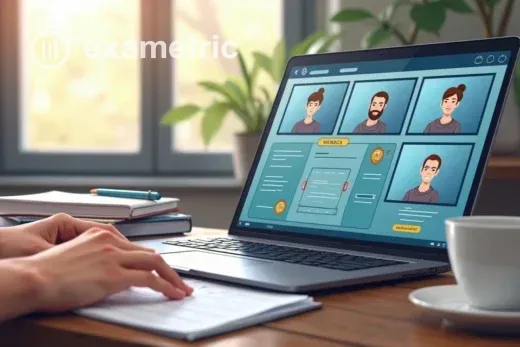 Ilustração que mostra uma tela de monitoria virtual (proctoring) durante uma prova online (vídeo em miniatura de vários participantes).