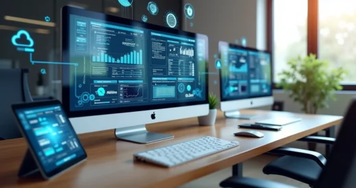 Computadores e telas digitais conectadas com ícones de nuvem, gráficos e documentos, simbolizando integração de plataformas de avaliação