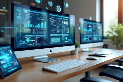 Computadores e telas digitais conectadas com ícones de nuvem, gráficos e documentos, simbolizando integração de plataformas de avaliação