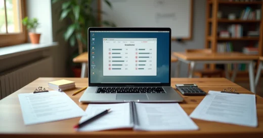 Mesa de estudo com provas impressas de um lado e laptop aberto mostrando prova online do outro lado