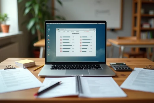 Mesa de estudo com provas impressas de um lado e laptop aberto mostrando prova online do outro lado