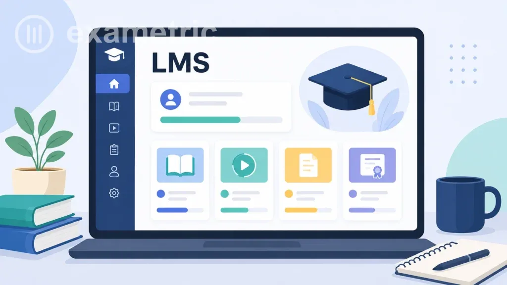 Notebook com painel do sistema LMS mostrando cursos, progresso e certificado