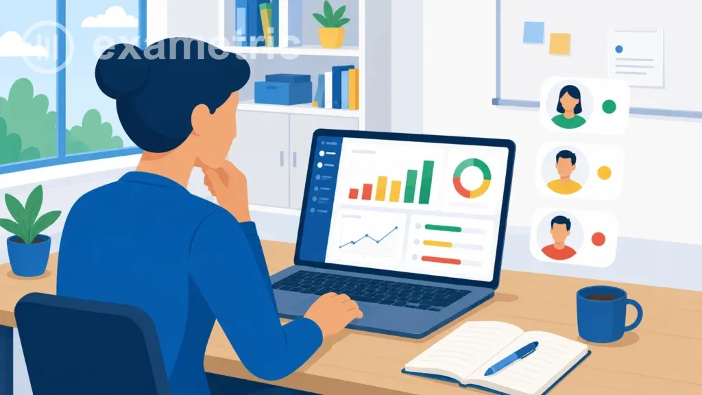 Ilustração de professora analisando painel de avaliações formativas com gráficos de desempenho no notebook, com indicadores individuais de alunos e caderno aberto sobre a mesa.