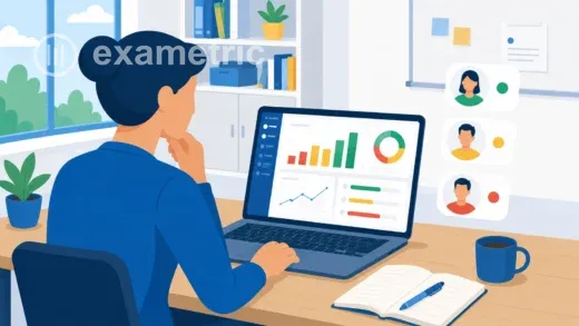Ilustração de professora analisando painel de avaliações formativas com gráficos de desempenho no notebook, com indicadores individuais de alunos e caderno aberto sobre a mesa.