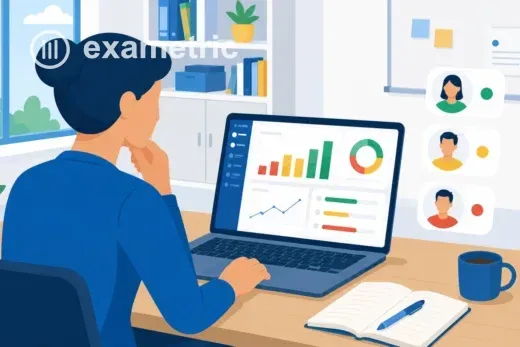 Ilustração de professora analisando painel de avaliações formativas com gráficos de desempenho no notebook, com indicadores individuais de alunos e caderno aberto sobre a mesa.
