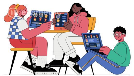 Ilustração de alunos interagindo com avaliação gamificada em tablets e notebooks, com pontuações, medalhas e placar de desempenho em tela.
