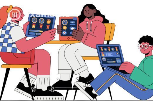 Ilustração de alunos interagindo com avaliação gamificada em tablets e notebooks, com pontuações, medalhas e placar de desempenho em tela.