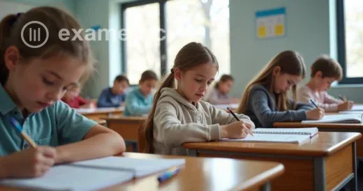 Estudantes sentados em sala de aula fazendo provas nas carteiras