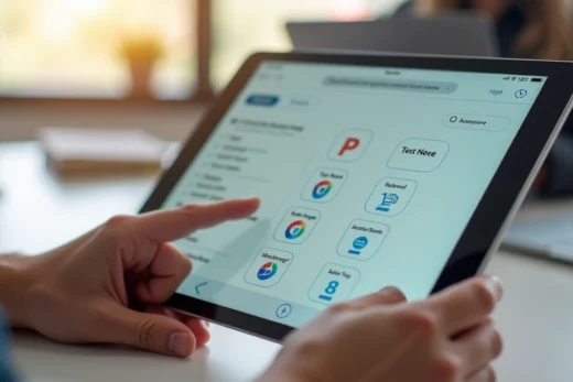 Pessoa acessando avaliação digital em tablet com recursos de acessibilidade visíveis na tela