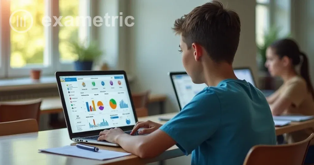 Aluno interage com avaliação digital em plataforma e gráficos de desempenho ao fundo