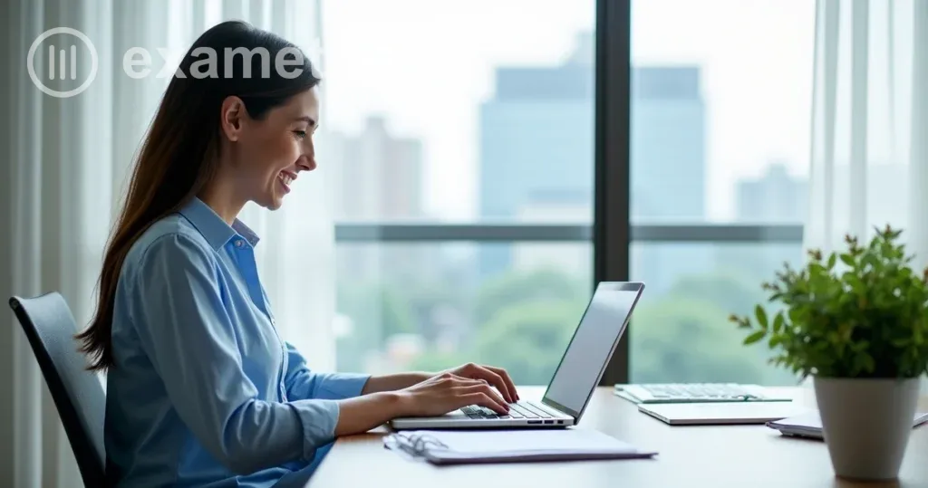 Educadora aplicando avaliação personalizada online usando notebook em ambiente moderno.