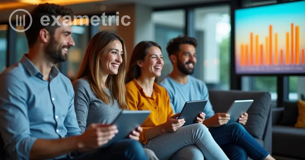 Profissionais participando de treinamento gamificado com tablets, sorrindo e engajados