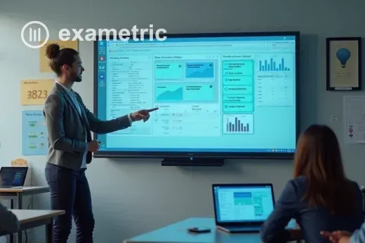 Professor usando plataforma digital de simulados com inteligência artificial na escola
