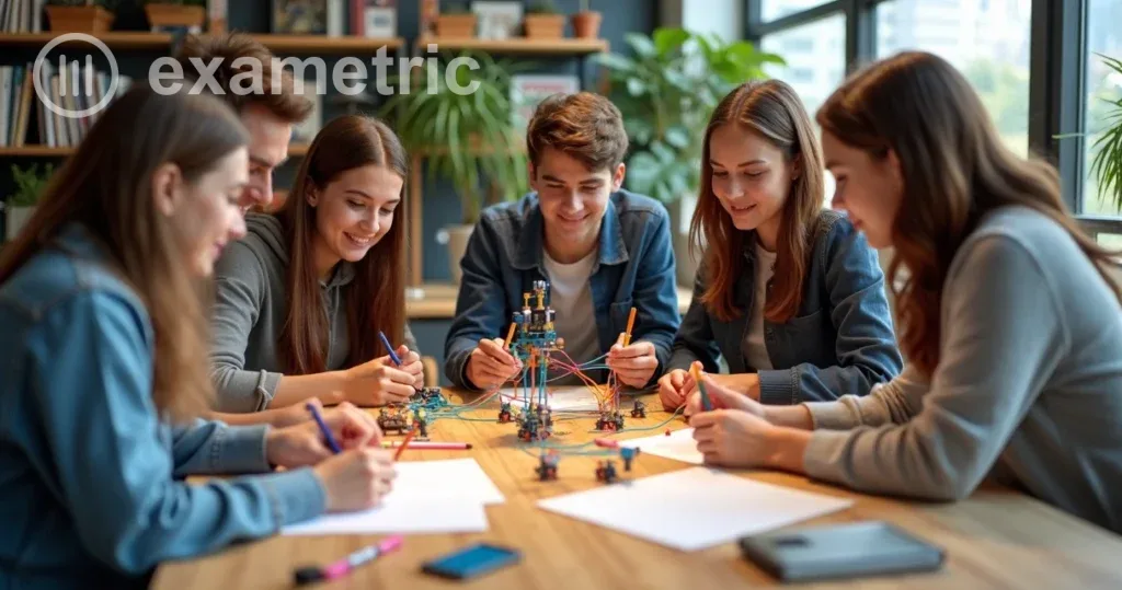 Grupo de estudantes reunido ao redor de uma mesa, montando protótipo colorido.