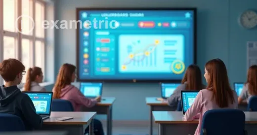 Sala de aula digital com tela de avaliação gamificada