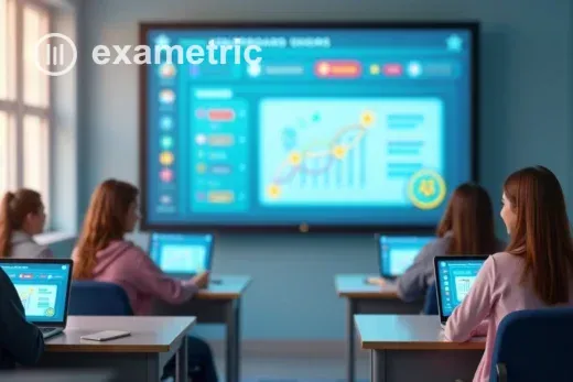 Sala de aula digital com tela de avaliação gamificada