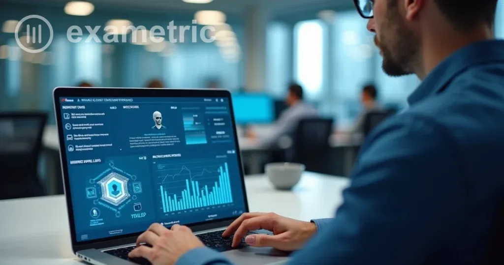 Educação Corporativa: Funcionário usando notebook com interface de inteligência artificial interativa