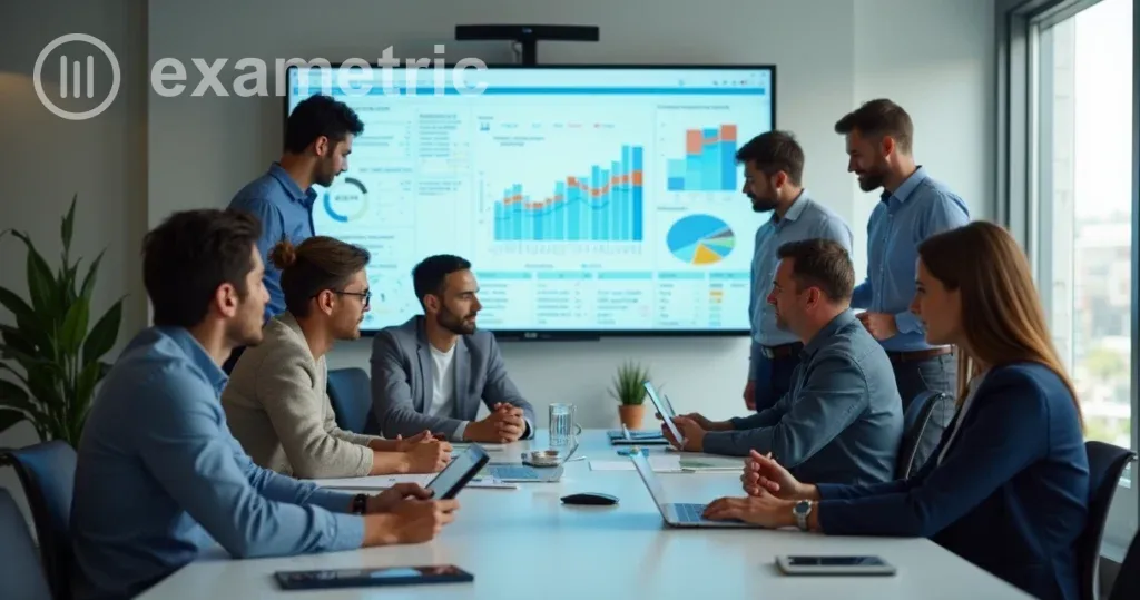 Equipe analisando gráfico de metas comerciais em tela grande em sala moderna