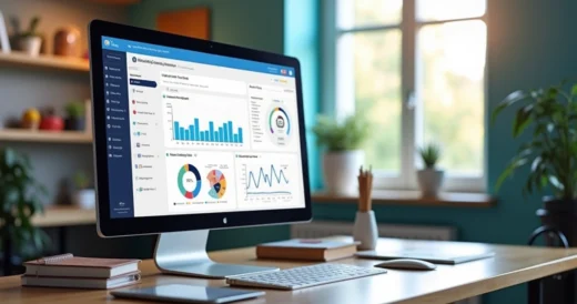 Computador exibindo interface de plataforma digital para avaliações personalizadas com gráficos e opções de provas adaptativas