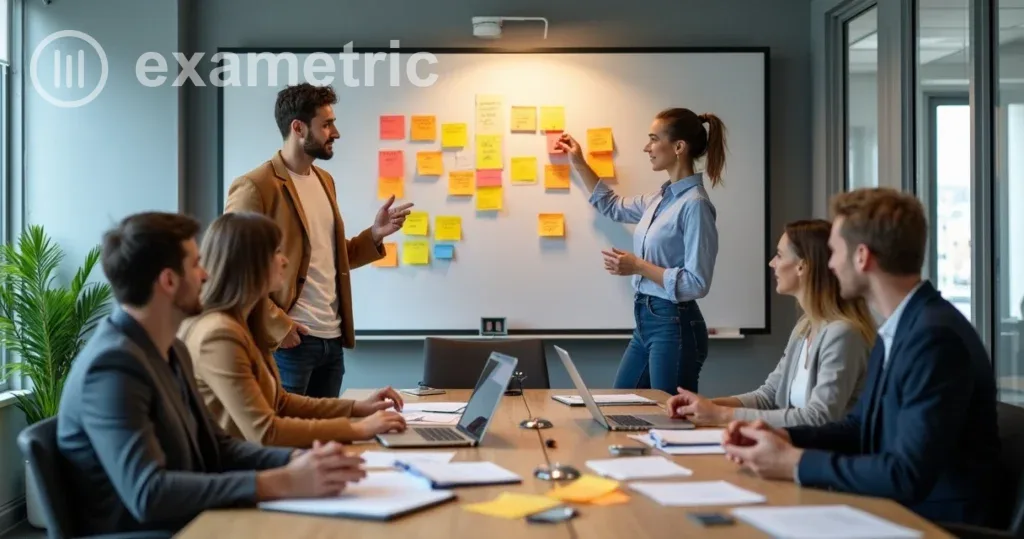 Reunião de equipe comercial planejando estratégias de atendimento ao cliente com post-its na parede