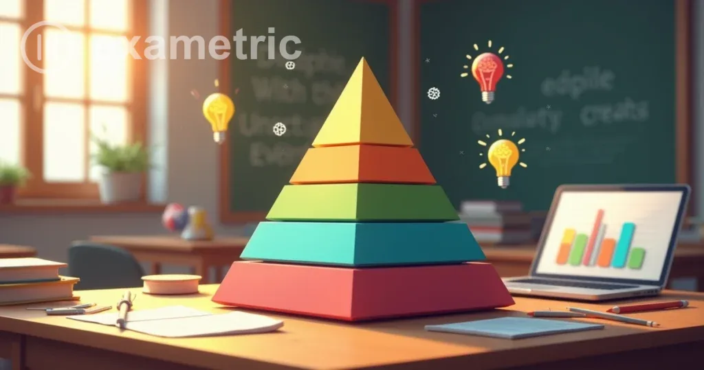 Esquema colorido mostra os seis níveis cognitivos da taxonomia de Bloom em formato de pirâmide 