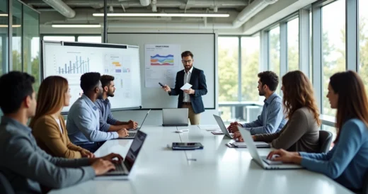 Equipe de vendas reunida em sala moderna participando de treinamento comercial presencial, com quadro branco e notebooks abertos