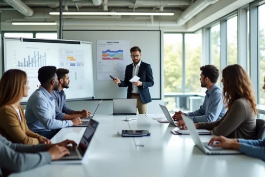 Equipe de vendas reunida em sala moderna participando de treinamento comercial presencial, com quadro branco e notebooks abertos