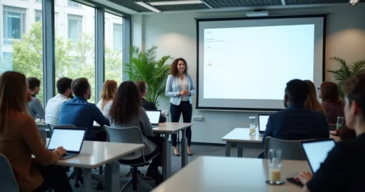 Sala de aula corporativa com colaboradores atentos em treinamento presencial usando notebooks e projetor