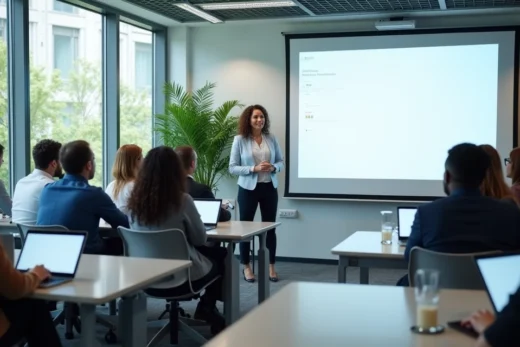 Sala de aula corporativa com colaboradores atentos em treinamento presencial usando notebooks e projetor