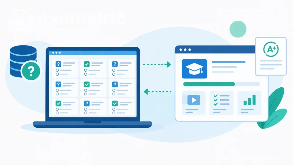 Ilustração de notebook com banco de questões conectado a plataforma LMS