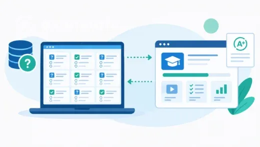 Ilustração de notebook com banco de questões conectado a plataforma LMS
