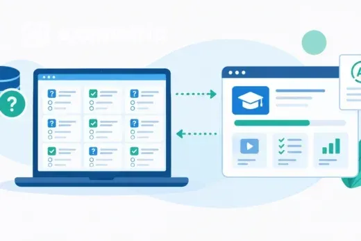 Ilustração de notebook com banco de questões conectado a plataforma LMS