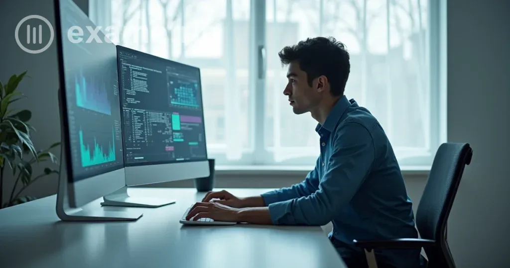 Aluno sentado em frente ao computador realizando prova digital