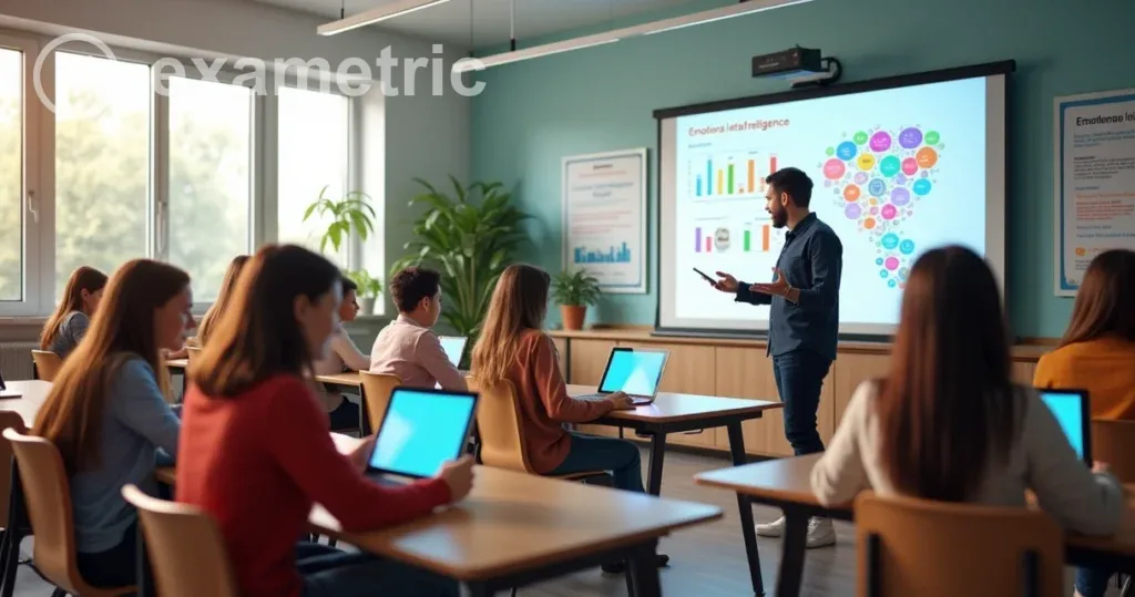 Ambiente moderno de sala de aula com estudantes interagindo com tablets e quadro digital, integrando tecnologia e aprendizado emocional 