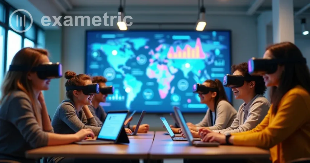 Educação 5.0: Grupo diverso de estudantes e profissionais aprendendo juntos em espaço moderno com recursos digitais