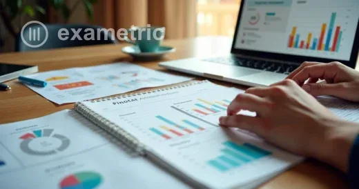 Pessoa analisando gráficos de avaliação em um notebook com papéis ao lado