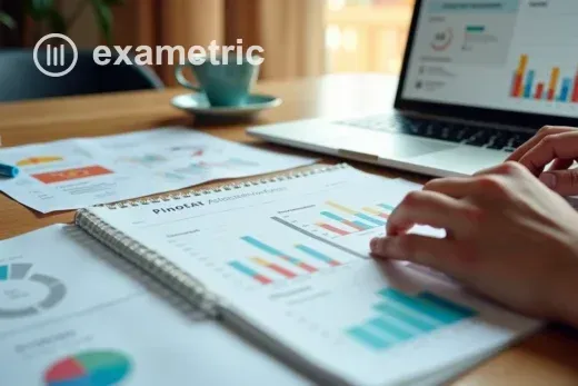 Pessoa analisando gráficos de avaliação em um notebook com papéis ao lado