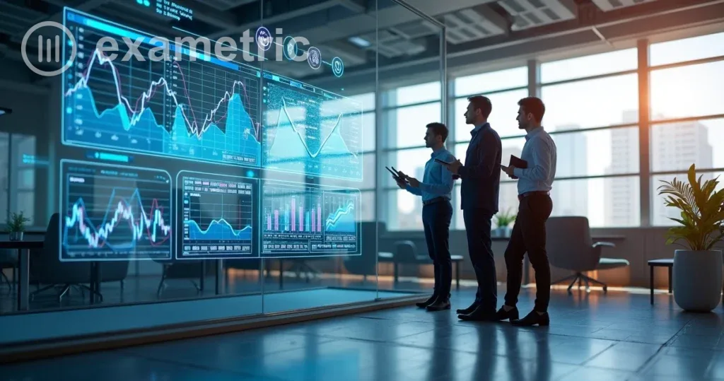 Painel digital mostra gráficos de desempenho em sala corporativa
