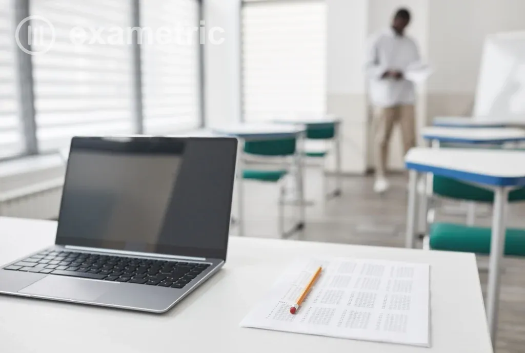 Notebook e folha de prova sobre mesa representam avaliações online em sala de aula