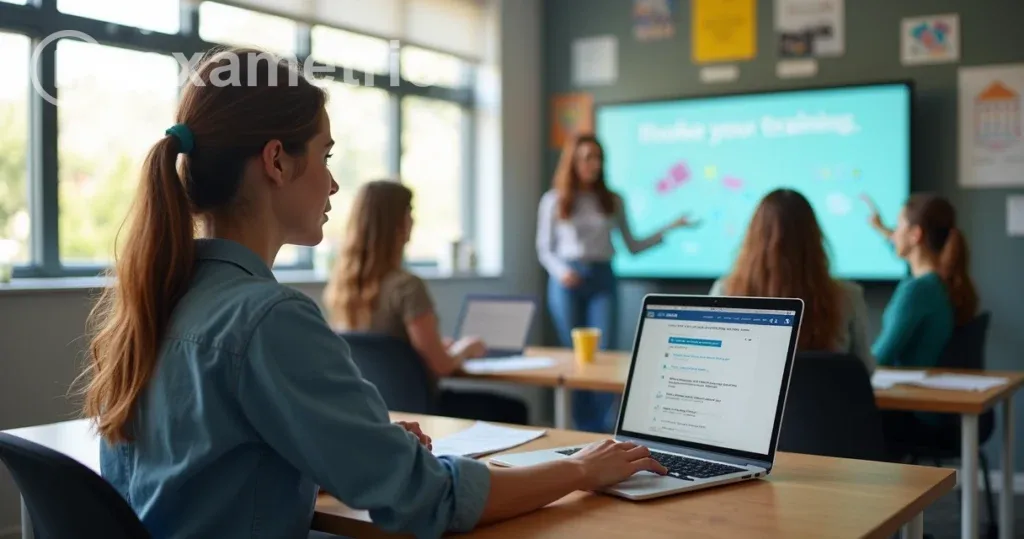 Professor em treinamento usando computador, colegas e facilitador interagindo ao redor