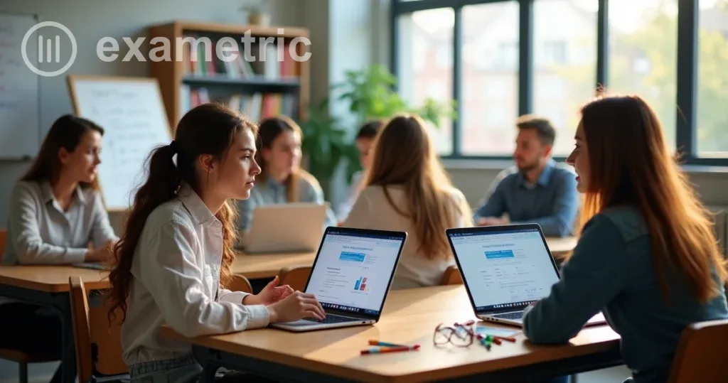 Sistemas LMS: Professores em sala usando plataformas educacionais na tela do notebook