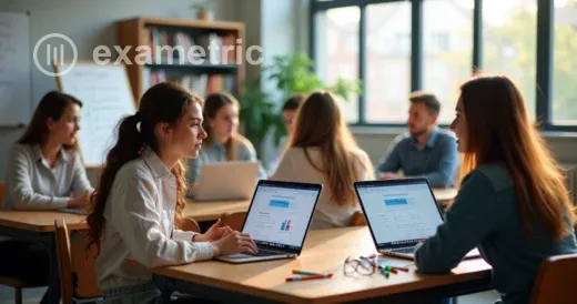 Professores em sala usando plataformas educacionais na tela do notebook