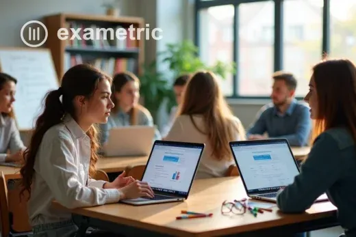 Professores em sala usando plataformas educacionais na tela do notebook