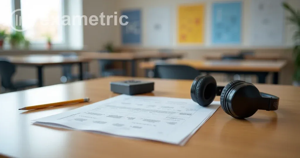 Mesa de prova com diferentes materiais inclusivos como prova em braile, folha com fontes ampliadas e fones de ouvido para acessibilidade auditiva