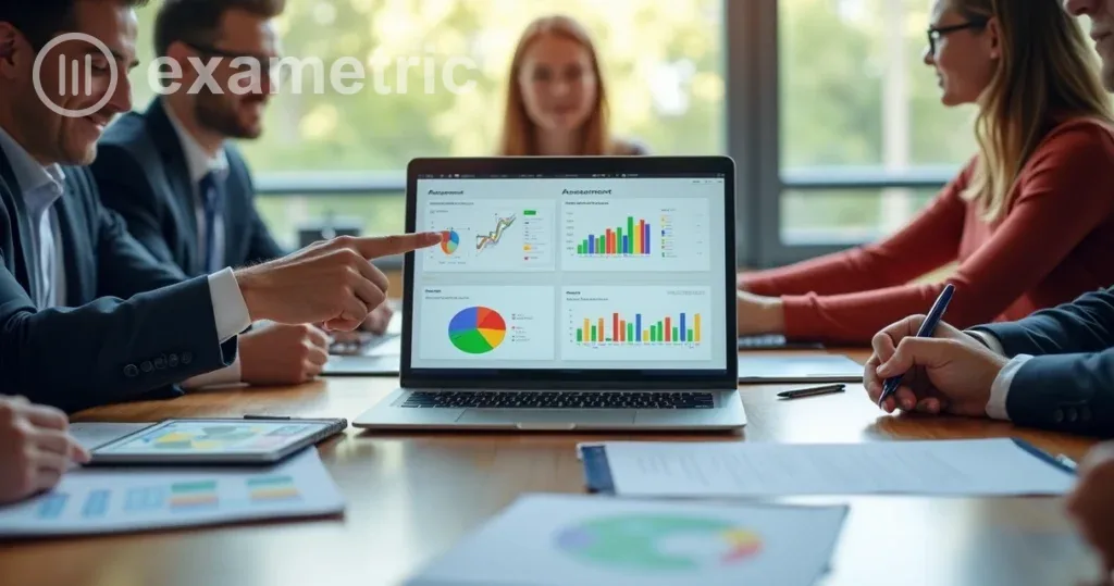 Relatório digital de avaliações em um LMS sendo analisado por equipe escolar